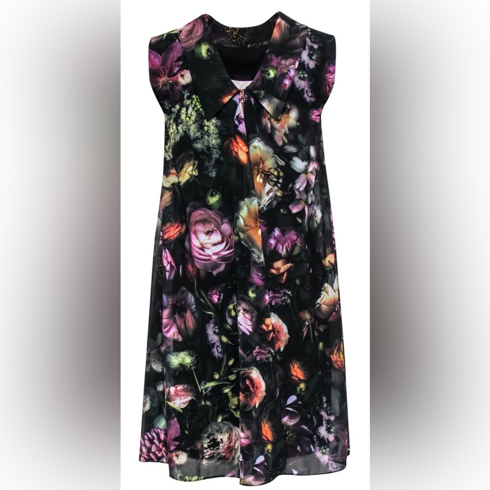 TED BAKER MSRP$295 collar full zip chiffon dark floral elegant cocktail dress